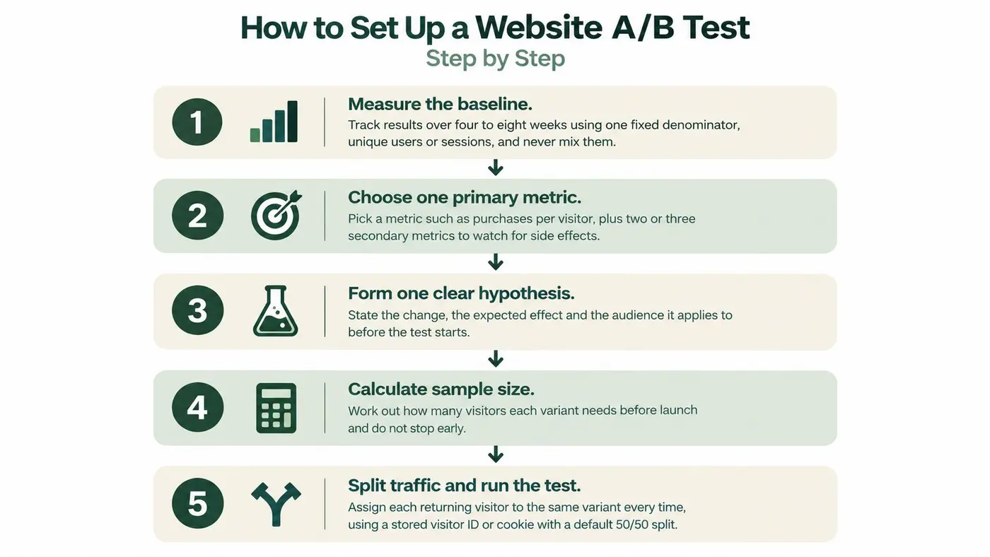 A step-by-step guide illustrating the five essential stages for setting up a website A/B test.