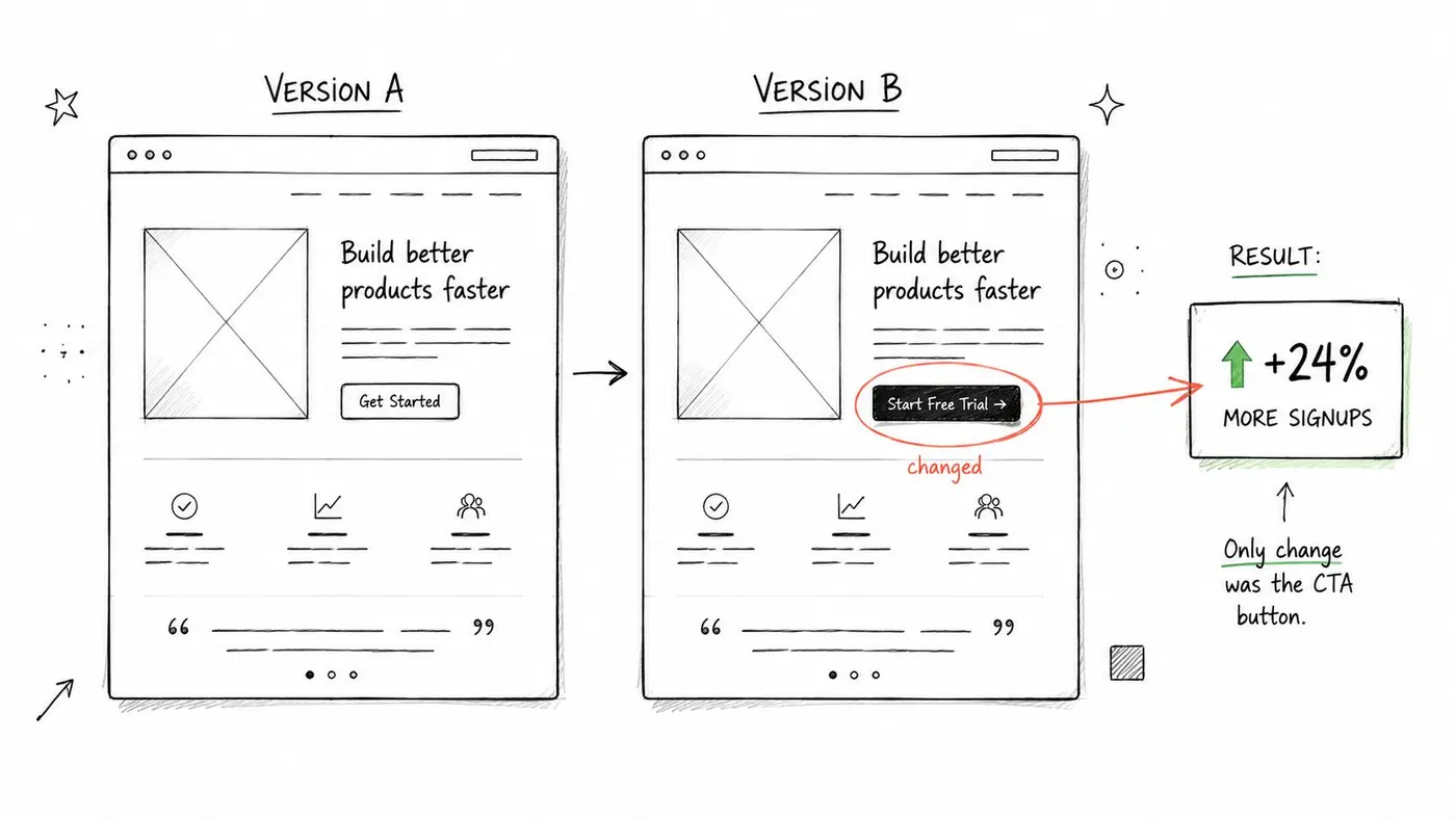 A hand-drawn illustration showing an A/B test result comparing two website versions with different CTA buttons.