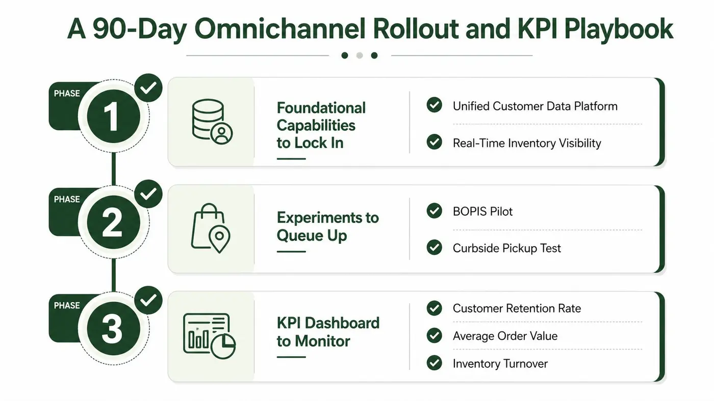 A 90-day omnichannel retail rollout and KPI playbook infographic showing three sequential implementation phases.