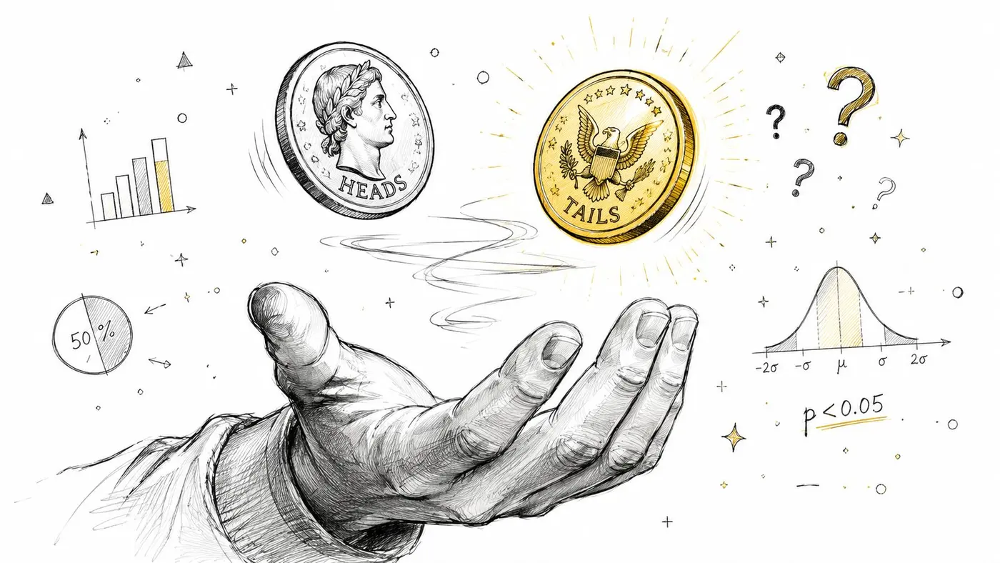 A hand tossing a coin to represent split testing and statistical analysis with charts and p-values.
