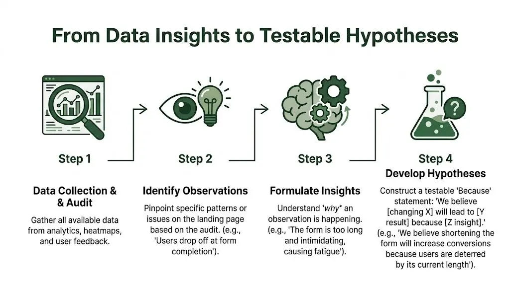 A four-step infographic illustrating the process of converting data insights into testable landing page optimization hypotheses.