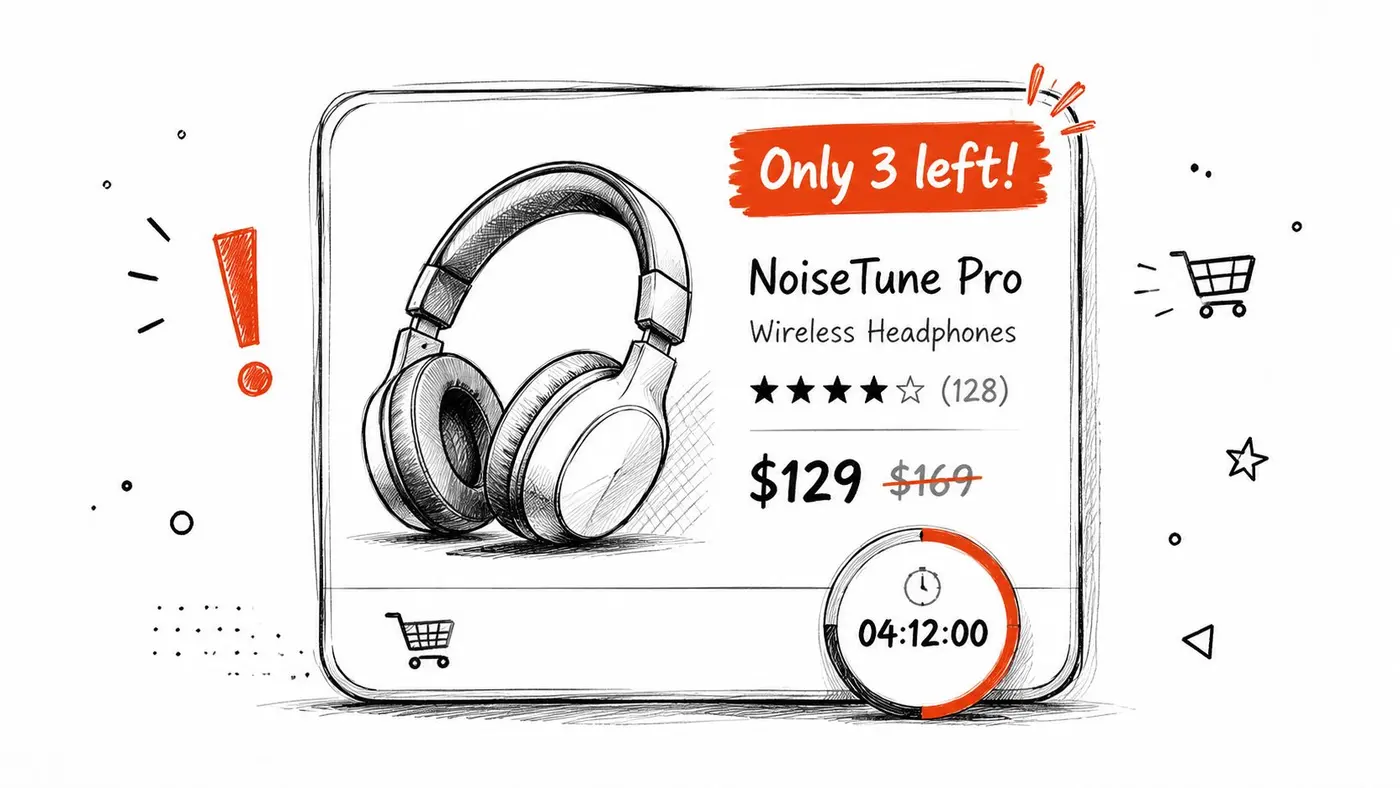A hand-drawn illustration showing NoiseTune Pro wireless headphones with a discount price and countdown timer.