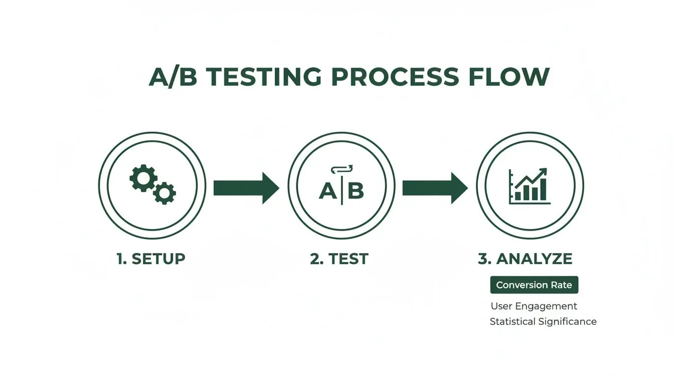 A/B testing process flow diagram showing steps: setup, test, and analyze, with key metrics.