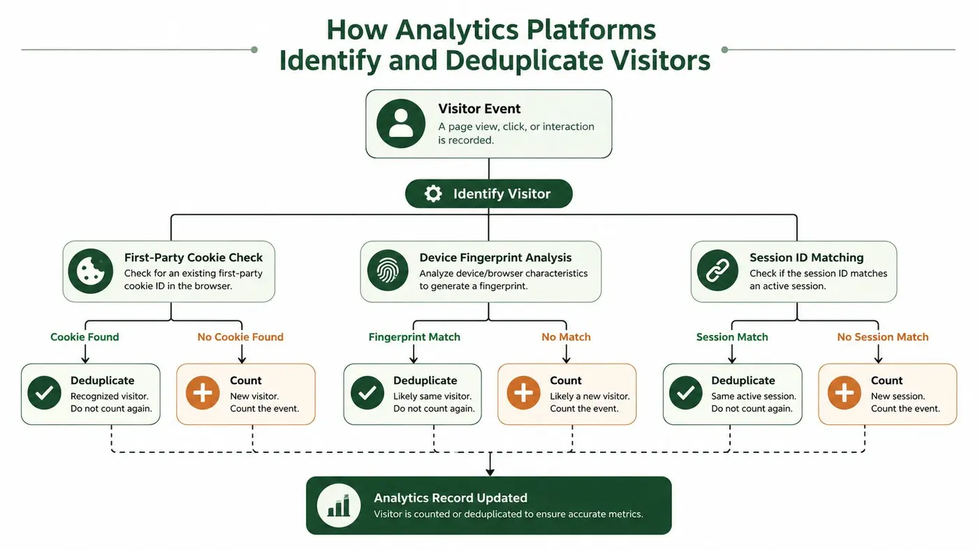 A flowchart explaining how analytics platforms identify and deduplicate unique website visitors using various tracking methods.
