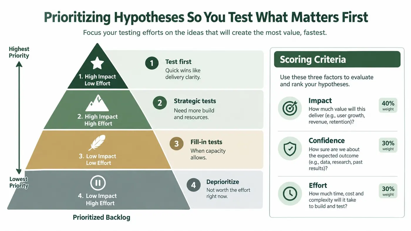 A pyramid chart illustrating a prioritization framework for testing hypotheses based on impact and effort levels.
