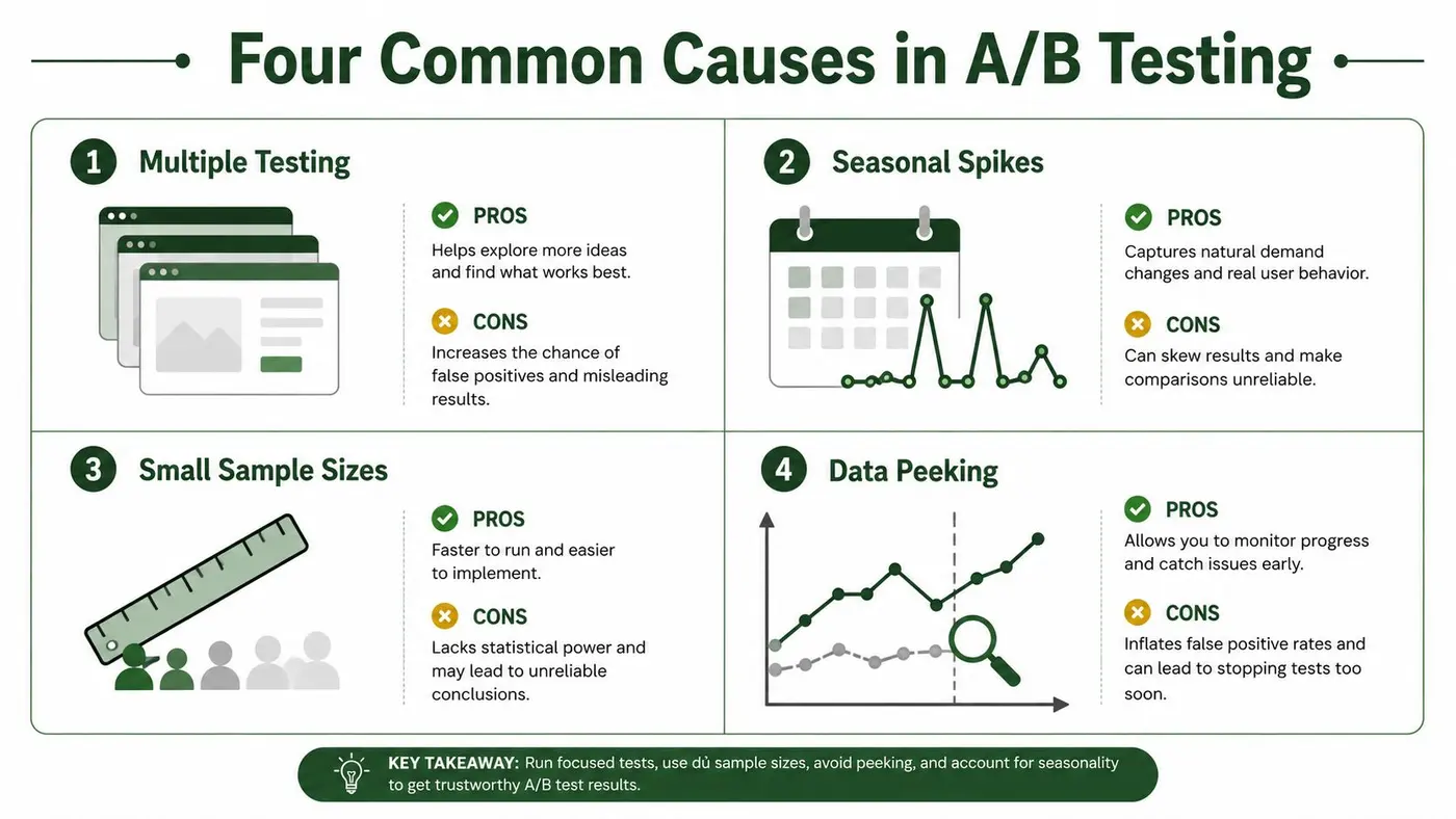 An infographic detailing four common causes of misleading results in A/B testing, including pros and cons for each.