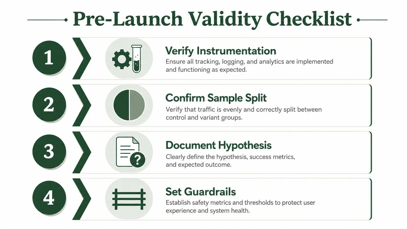 A four-step pre-launch validity checklist for testing and verifying experiments before official project release.
