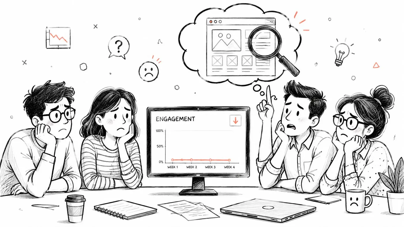 A team of four colleagues looking concerned while analyzing low user engagement data on a computer screen.