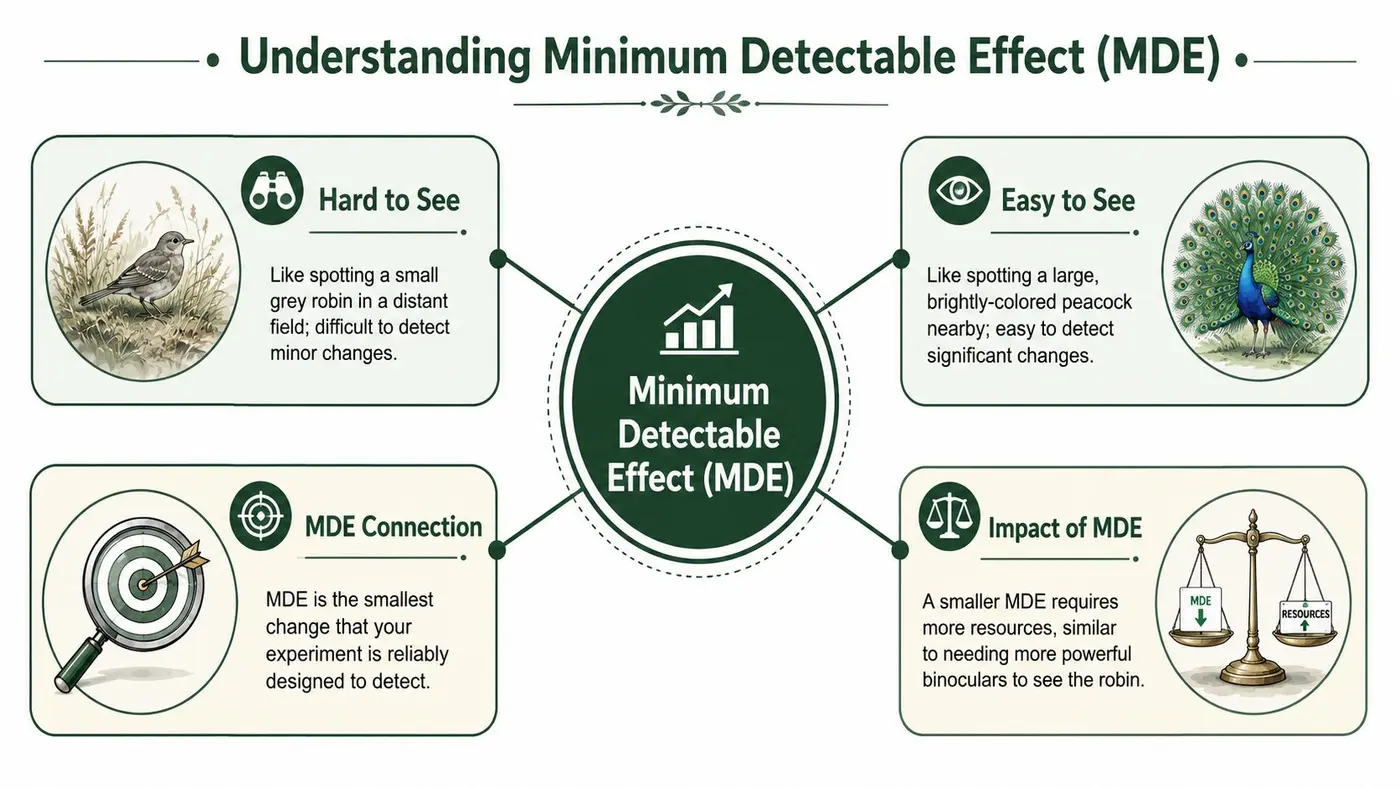 An infographic explaining the concept of Minimum Detectable Effect using bird and scale metaphors.